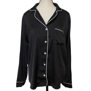 Woman’s Birdy Grey Black Button‎ Up Pajama Top with White Piping S
